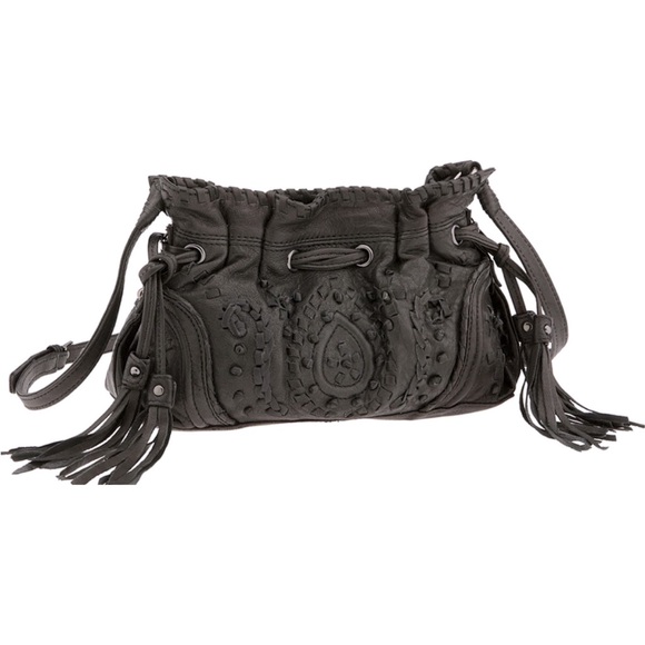Junior Drake Black Embellished Leather Shoulder Crossbody Drawstring Tassel Bag - Picture 1 of 11